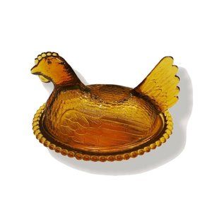 Vintage Amber CARNIVAL GLASS Hen on a Nest Chicken Dish EXCELLENT Iridescent